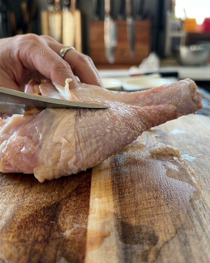 Une cuisse de poulet crue en cours de désossage avec un couteau bien aiguisé sur une planche en bois.