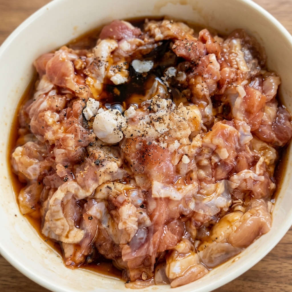 Morceaux de poulet marinés mélangés à la main dans un bol blanc.