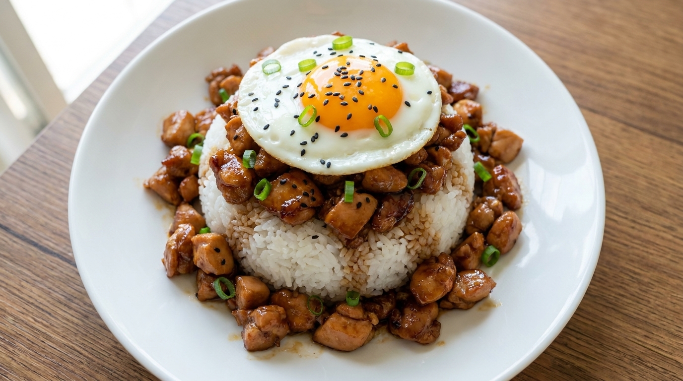 Un donburi au poulet haché savoureux, garni dun œuf au plat et doignons nouveaux frais.