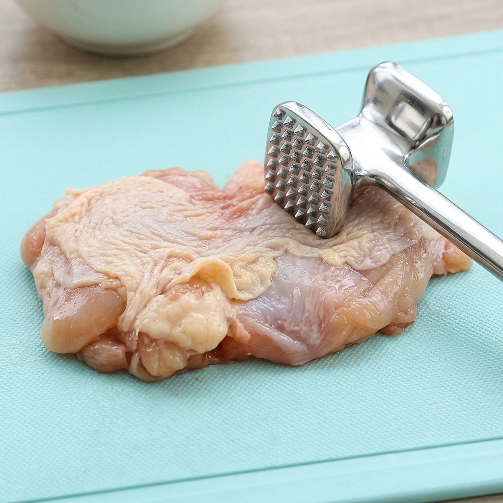 Un haut de cuisse de poulet cru sur une planche à découper bleue, attendri avec un maillet à viande en métal.