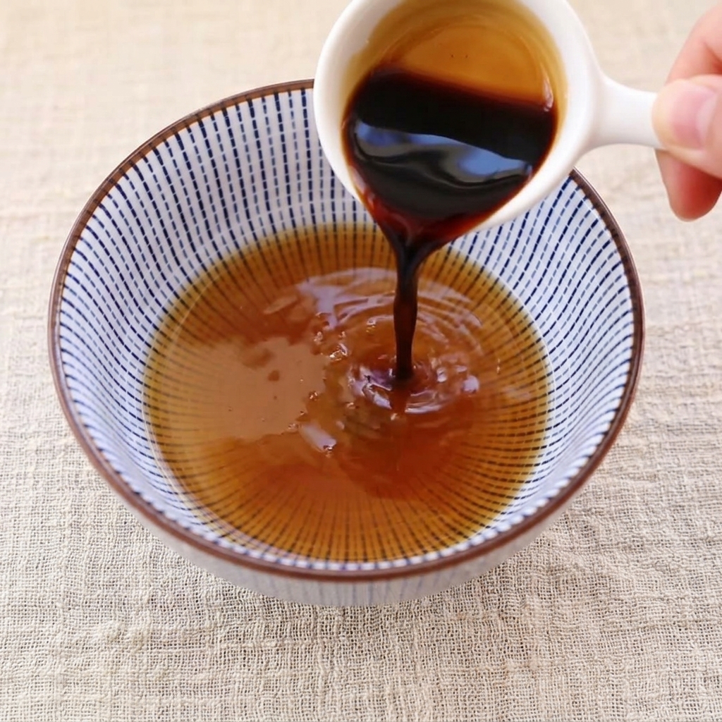 Sauce sombre versée dune petite tasse blanche dans un bol contenant un mélange liquide plus clair.