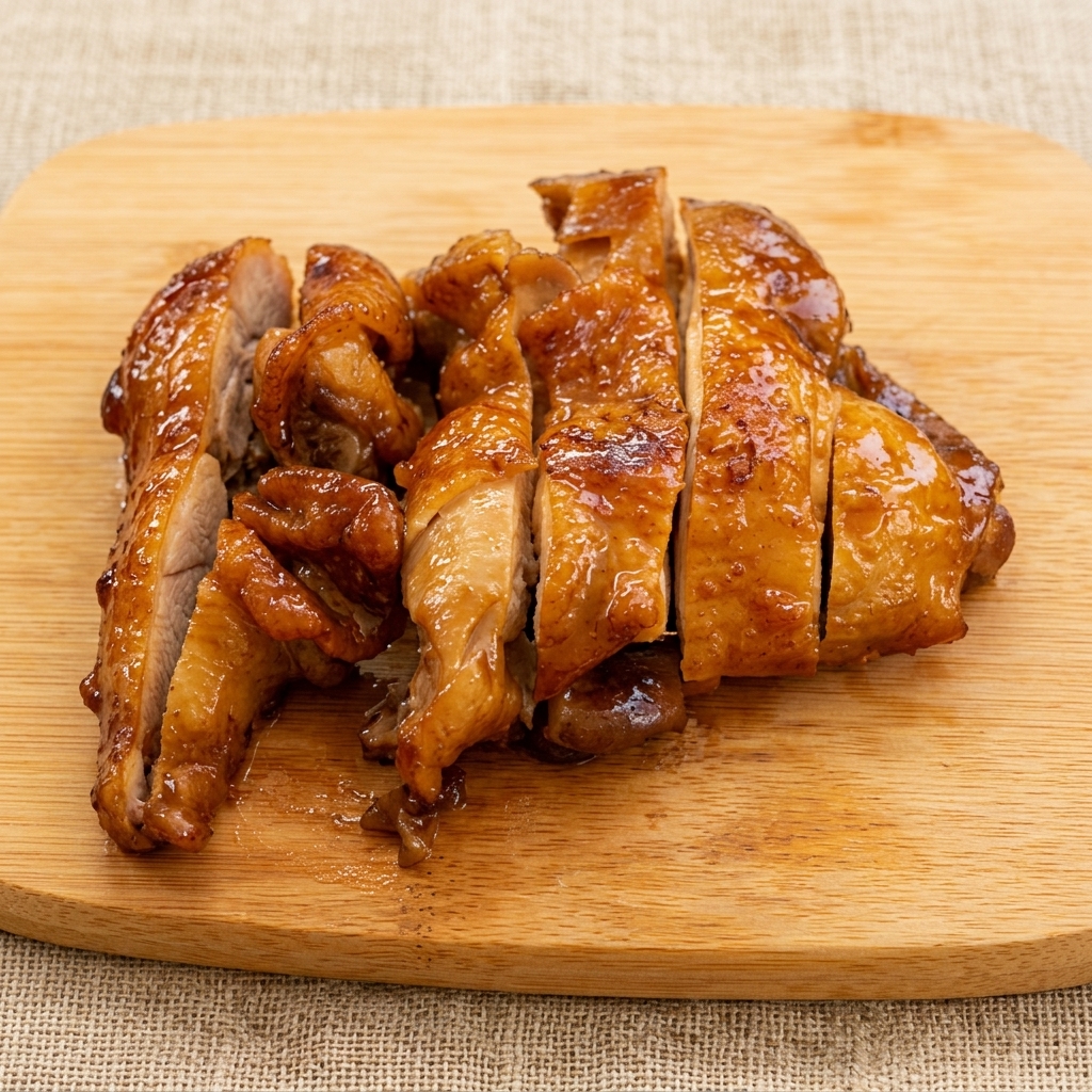 Haut de cuisse de poulet cuit découpé en bandes régulières sur une planche en bois.