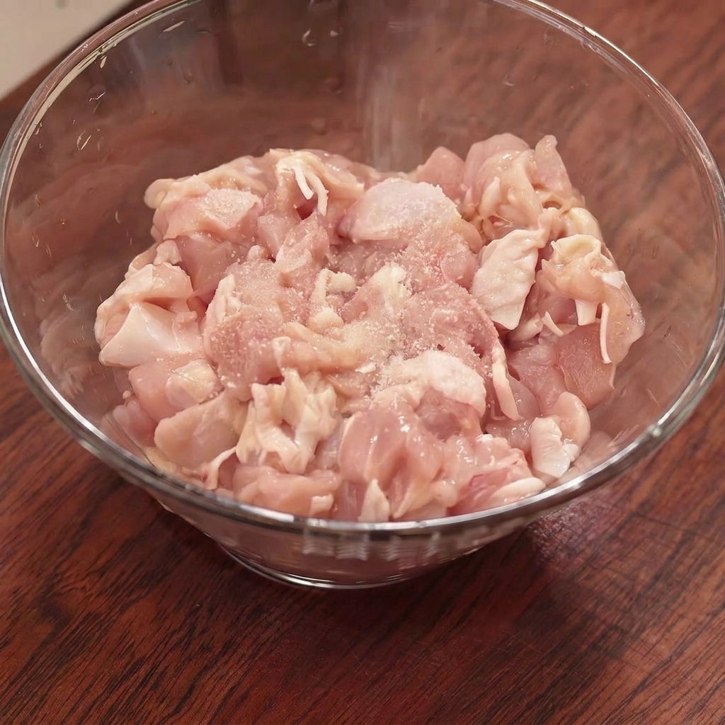 Poulet haché cru dans un bol en verre saupoudré de sel, de fécule de maïs et dassaisonnements avant dêtre mélangé.