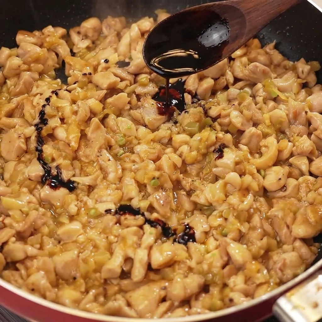 Une cuillère en bois versant de la sauce soja foncée sur le poulet sauté et les légumes à la moutarde dans la poêle.