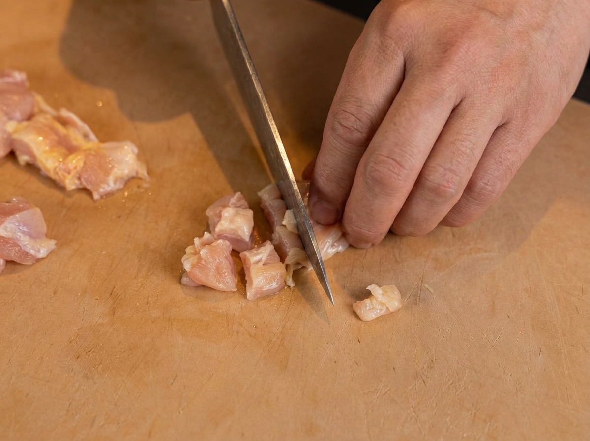 Une main tenant un couteau pour couper la viande de poulet crue en petits dés sur une planche à découper.