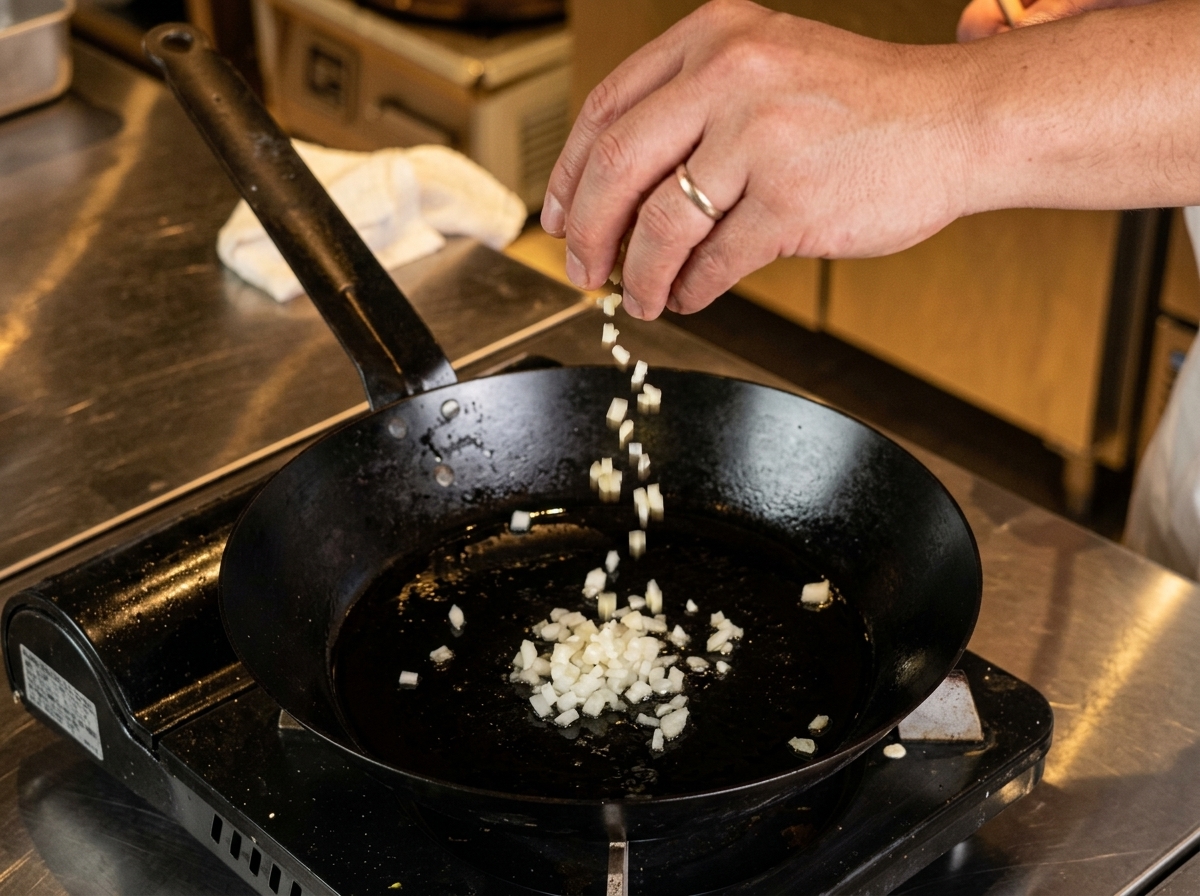 Une main ajoutant de loignon blanc haché dans une poêle noire avec de lhuile chaude sur une cuisinière.