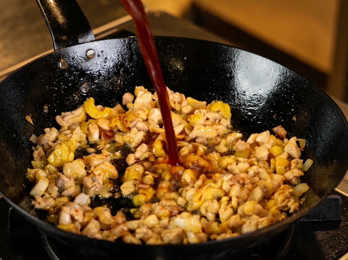 Un filet de sauce sombre versé dans un wok noir contenant du poulet haché cuit.
