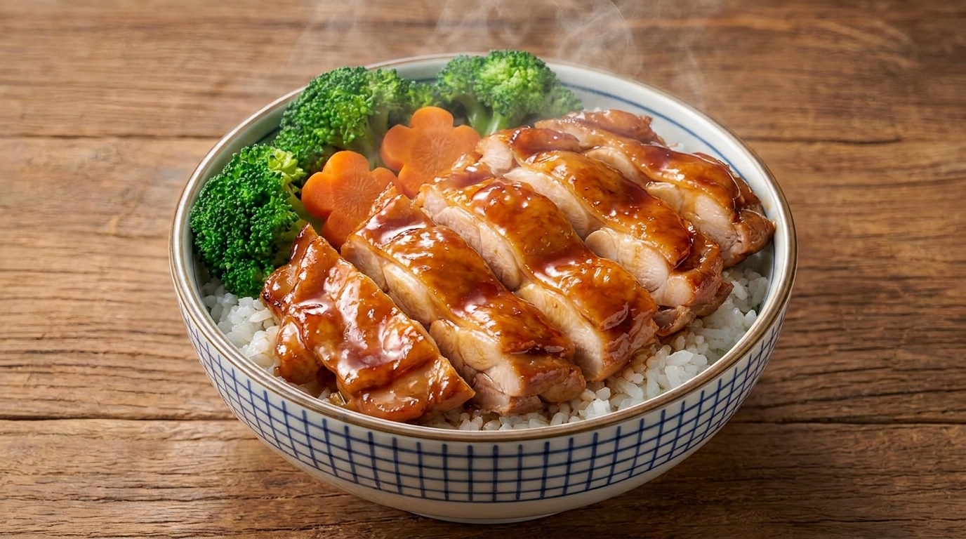 Un œuf mollet parfaitement cuit déposé au sommet du bol de riz au poulet.