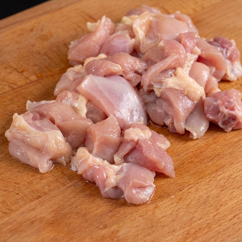 Morceaux de poulet coupés en petits dés sur une planche à découper.