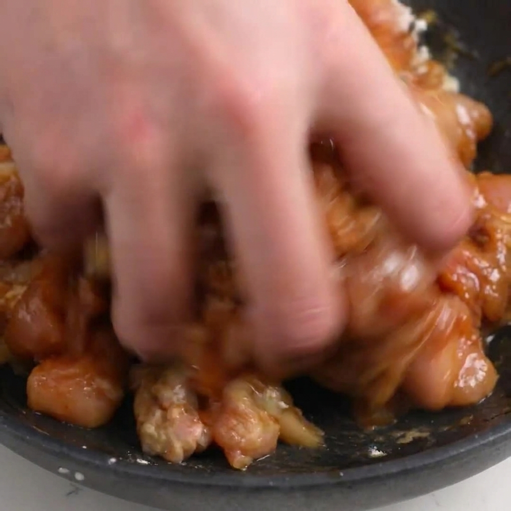 Mélange du poulet avec la fécule et la marinade.