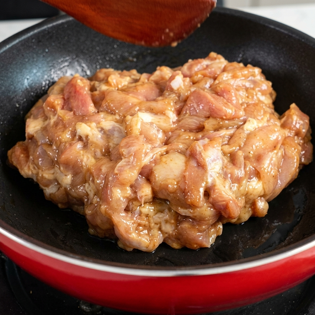 Poulet saisissant dans une poêle chaude.