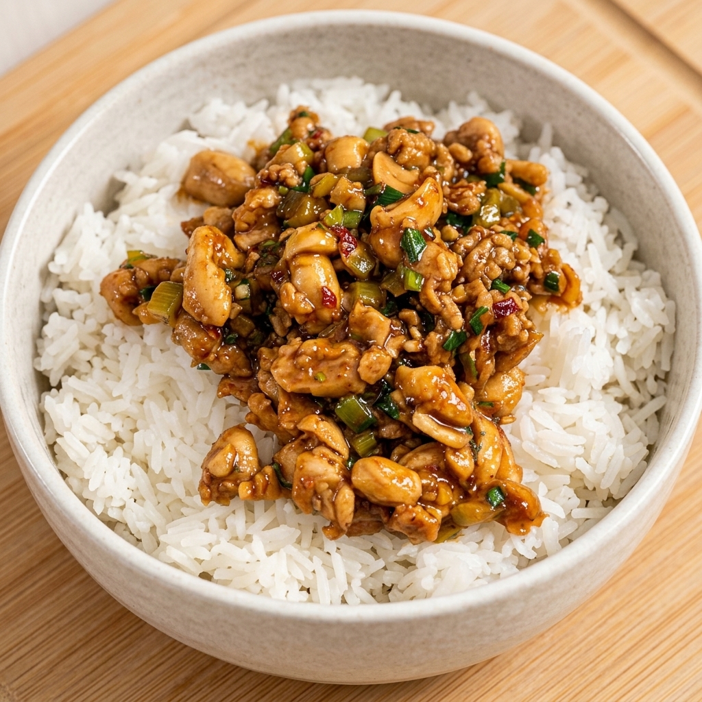 Répartition du poulet sur le riz dans un bol.
