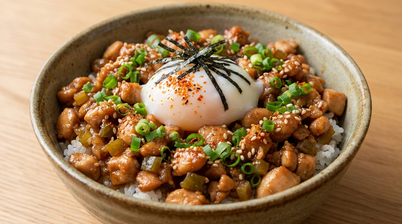 Bol de riz au poulet haché et légumes marinés (Tori Soboro Don)