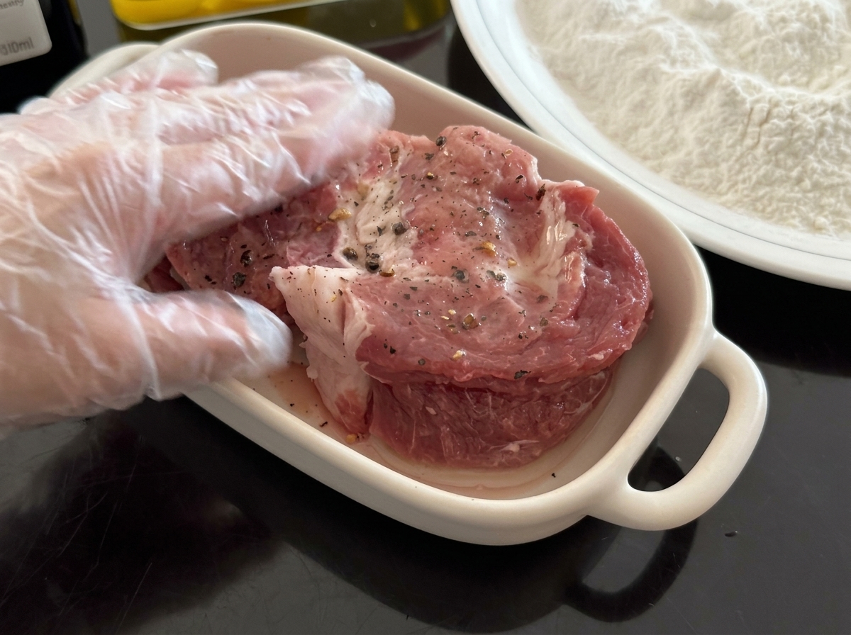 Mains gantées frottant du poivre noir et du sel sur un morceau de porc cru dans un plat blanc.