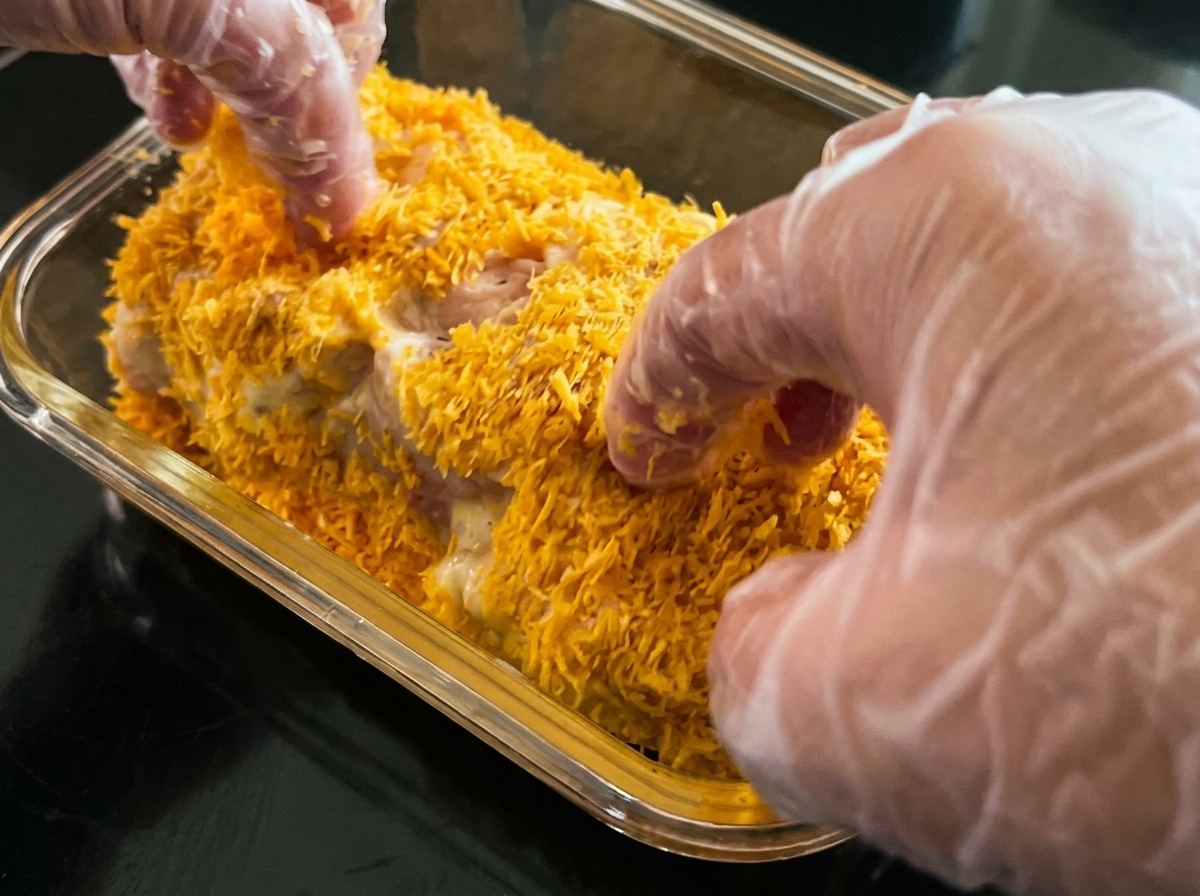 Mains gantées pressant de la chapelure panko dorée sur une escalope de porc recouverte dœuf.