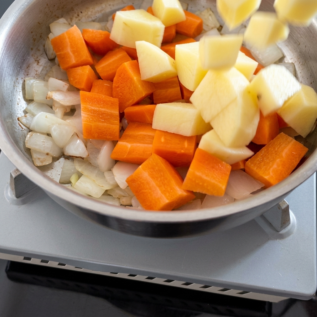 Dés de carottes et de pommes de terre tombant dans une casserole pour être sautés avec les oignons.