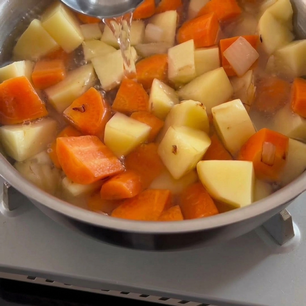 Cubes de roux de curry solides plongés dans un bouillon de légumes frémissant.