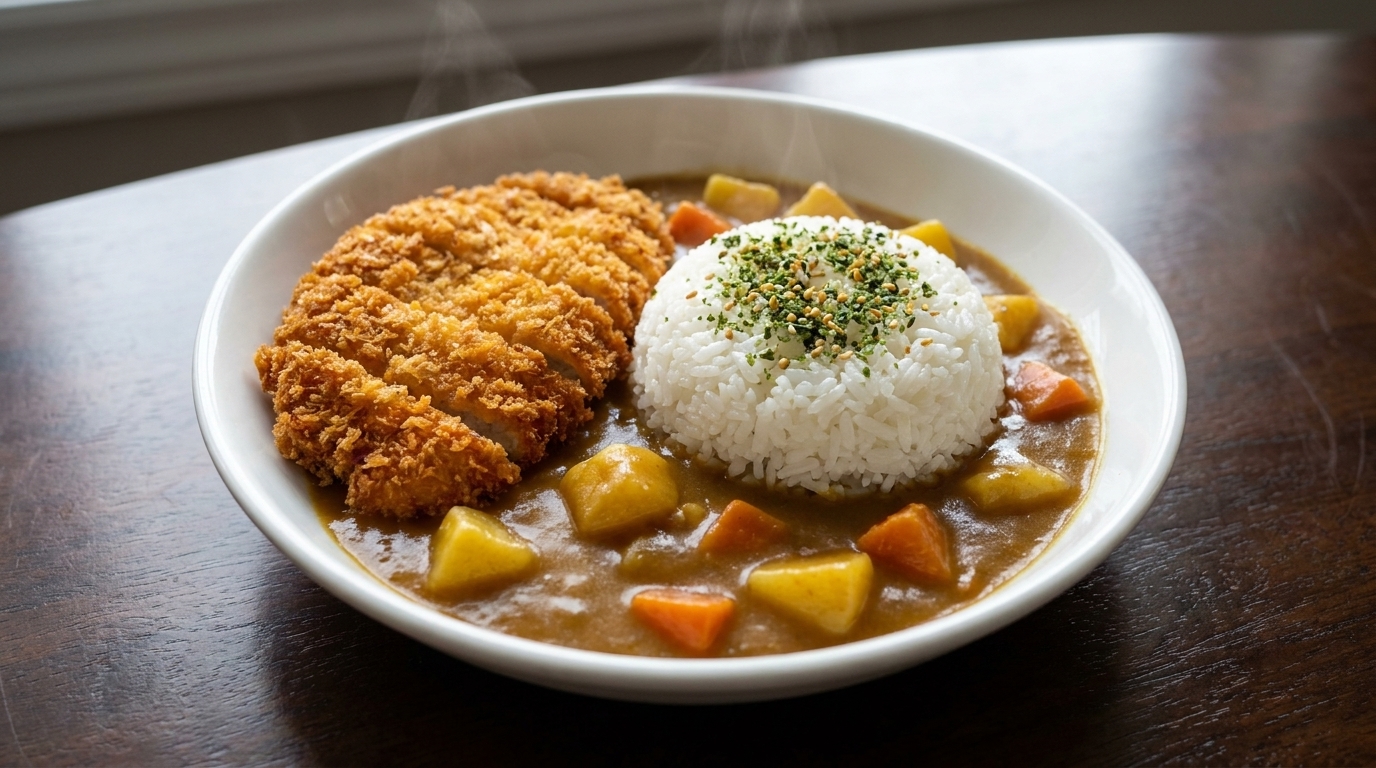 Un bol de curry katsu japonais avec une escalope de porc panée bien dorée et une riche sauce au curry.