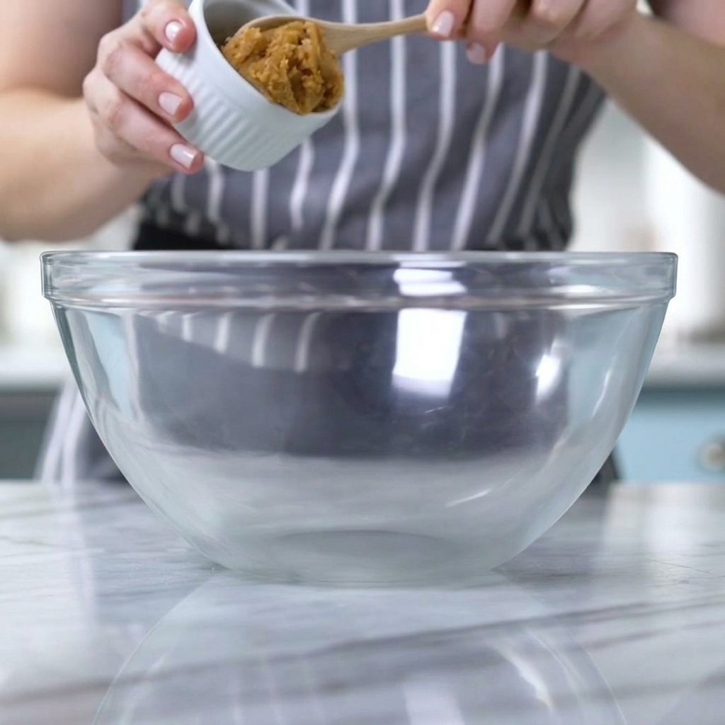 Gros plan sur de la pâte de miso prélevée avec une cuillère en bois dans un bol en verre.