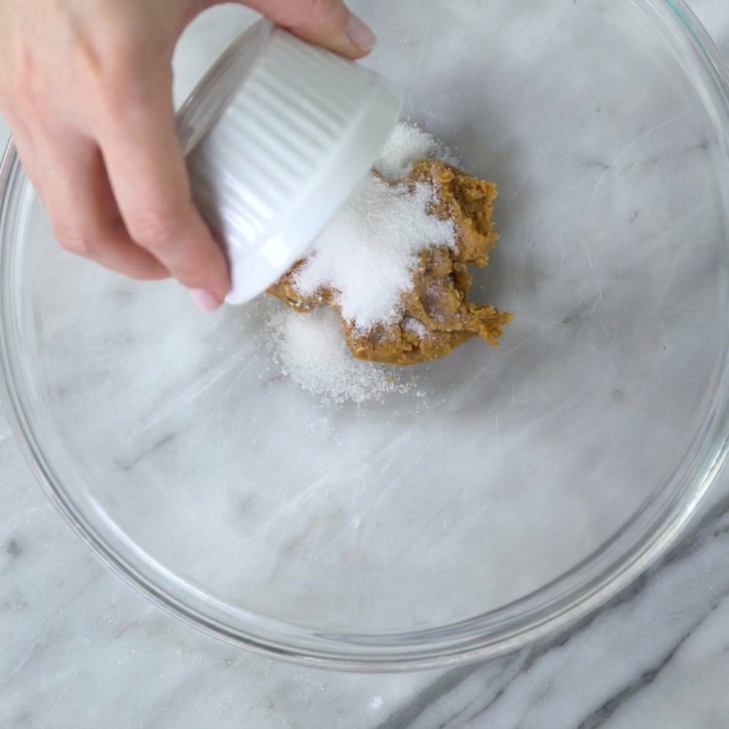 Du sucre blanc cristallisé versé dun petit ramequin sur le tas de pâte de miso.