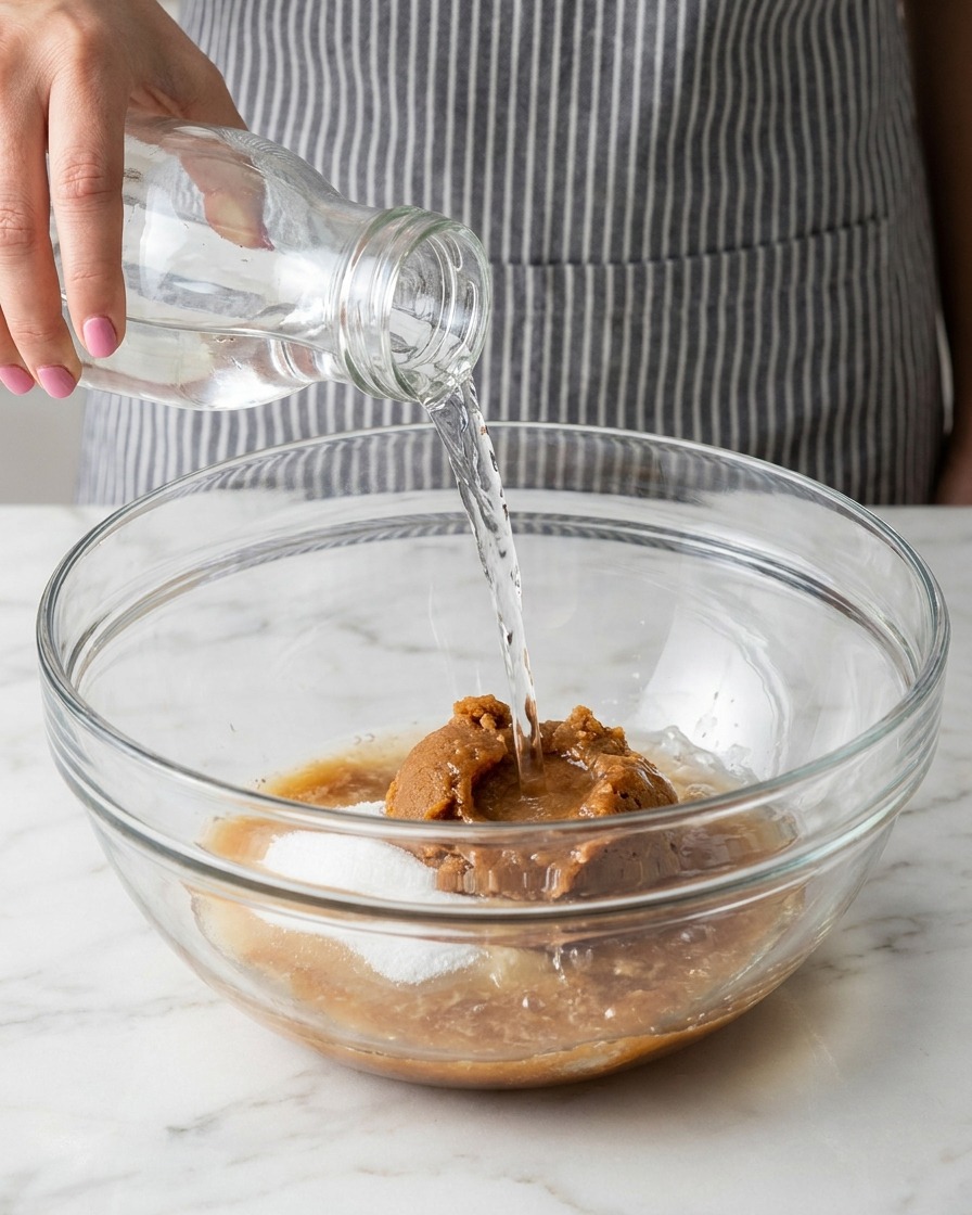 De leau claire versée depuis une carafe dans un bol contenant la pâte de miso et le sucre.