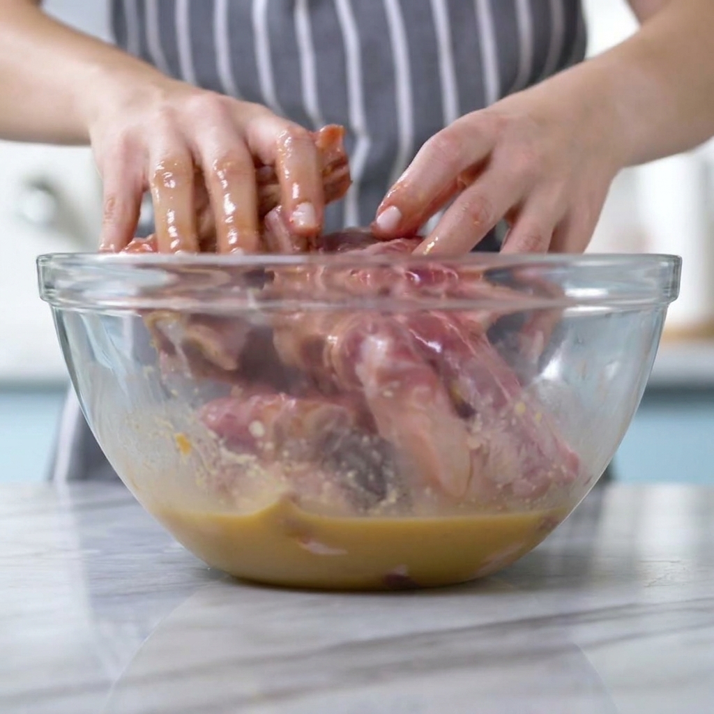 Des mains mélangeant des travers de porc crus dans un bol contenant une marinade à base de miso.