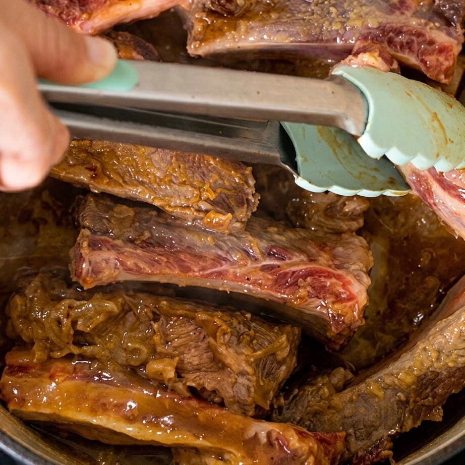Des travers de porc retournés avec une pince dans une cocotte, montrant une croûte dorée profonde sur la viande.