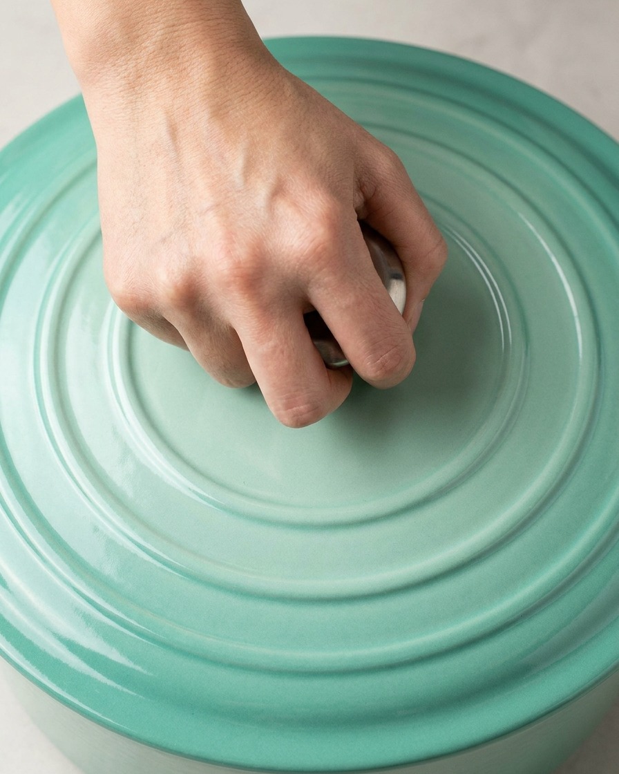 Une main plaçant un couvercle fermement sur une cocotte en fonte bleu clair.