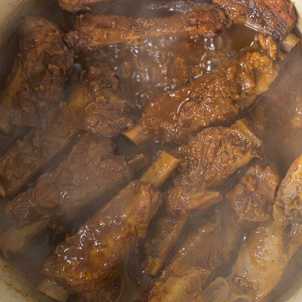 Des travers de porc tendres, glacés de brun foncé, mijotant dans une sauce riche, bouillonnante et épaisse à lintérieur dune cocotte.