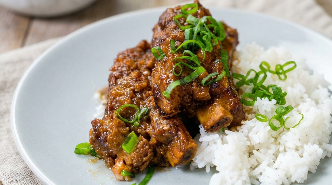 Travers de porc braisés, enrobés dun glaçage au miso brun et parsemés doignons verts frais.