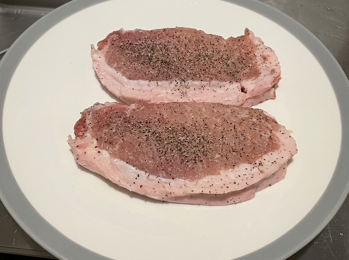 Morceaux de longe de porc épais posés à plat, assaisonnés de sel et de poivre noir.