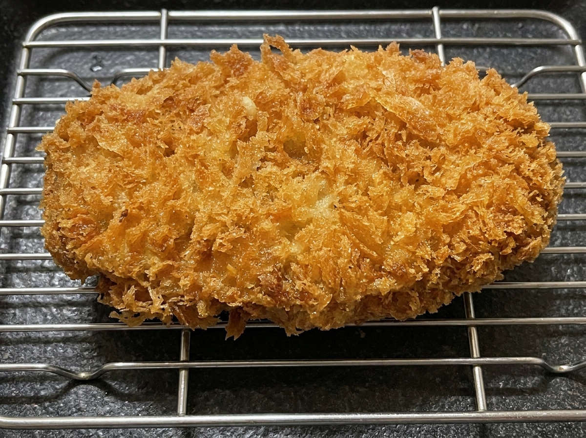 Une côtelette frite reposant sur une grille en acier inoxydable.