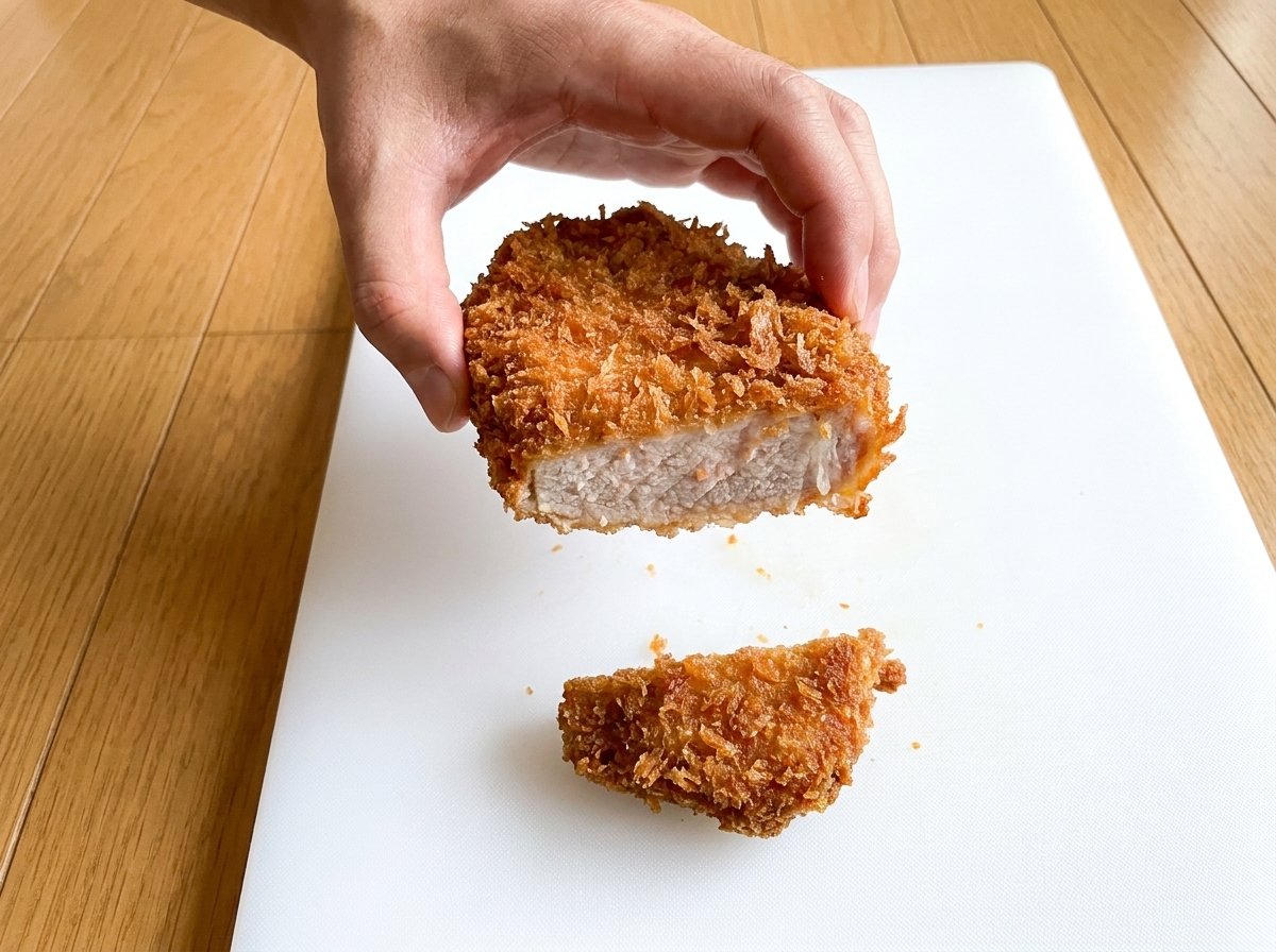 Une personne tranchant une côtelette frite, révélant un intérieur juteux.