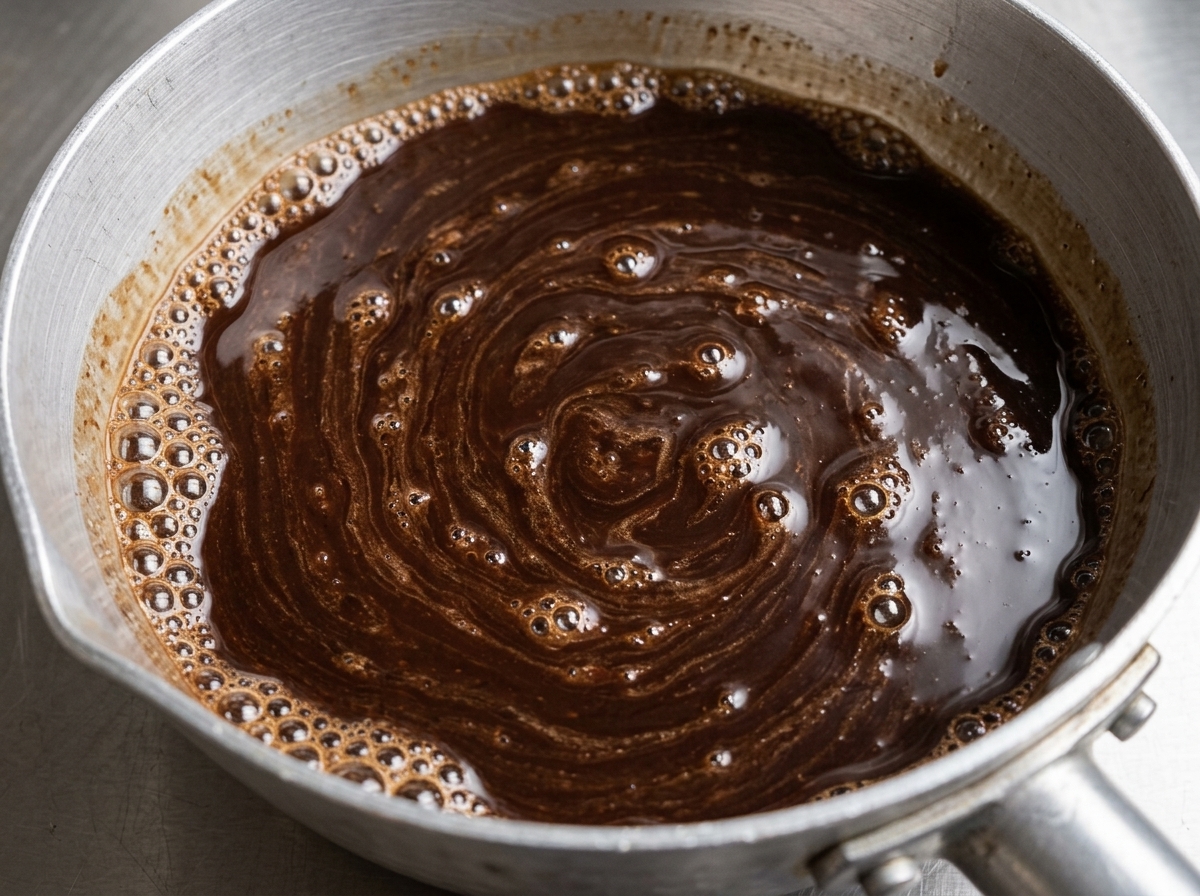Une casserole métallique contenant la sauce miso brune remuée à la cuillère.