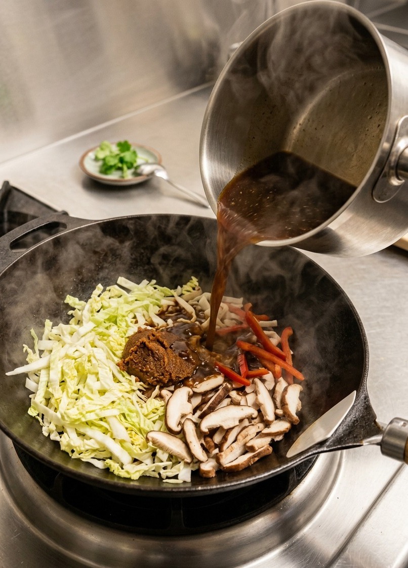 La sauce miso épaisse versée sur une assiette chaude avec le porc.