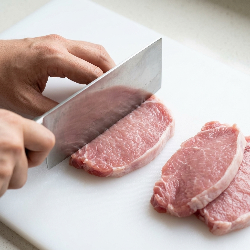 Une tranche de porc cru doucement aplatie avec le plat dun gros couteau.