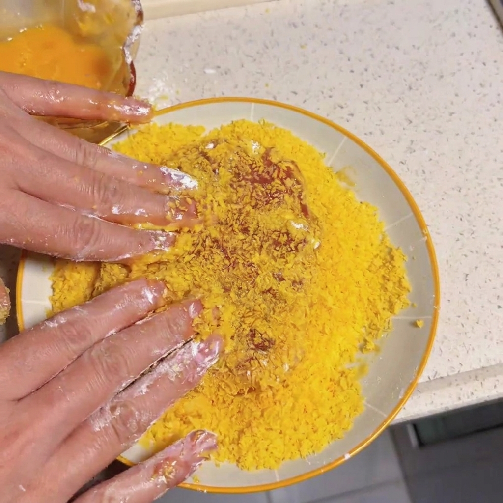 Mains pressant la viande dans une assiette de chapelure jaune.