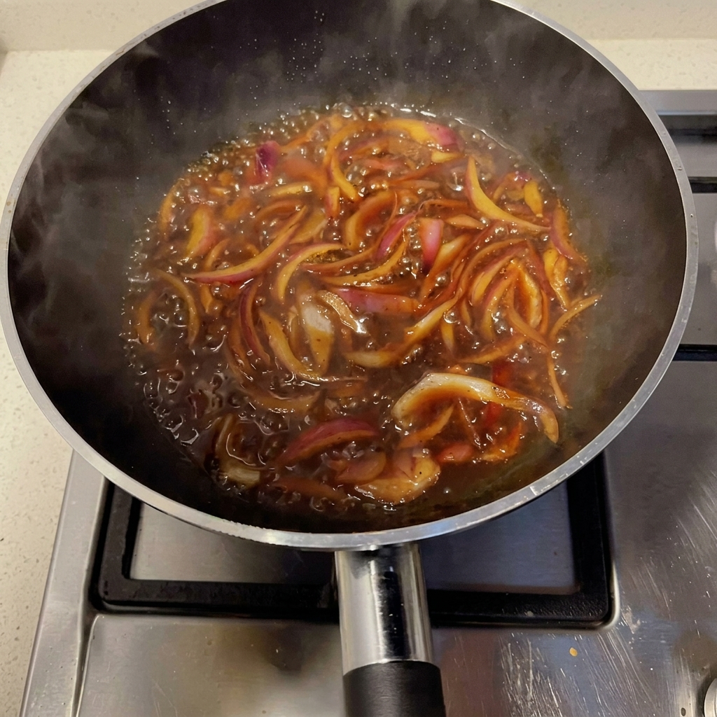 Oignons dans la poêle mélangés avec la sauce au poivre noir.