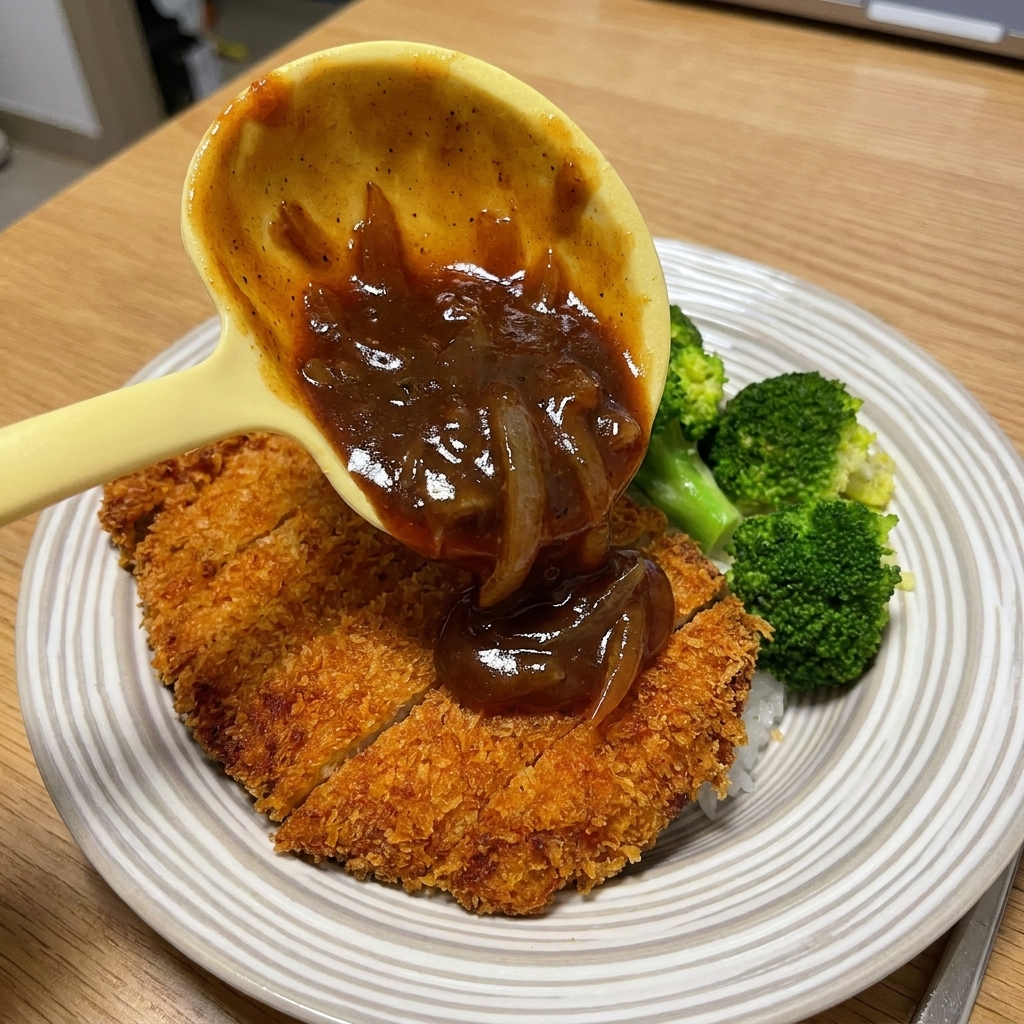Louche versant la sauce sur le porc tranché dans lassiette.