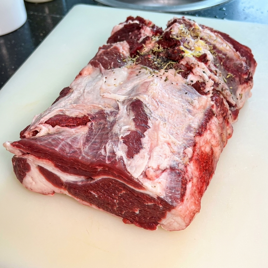 Larges tranches de paleron cru sur une planche blanche, parsemées dépices et dun filet de sauce dhuître sombre.
