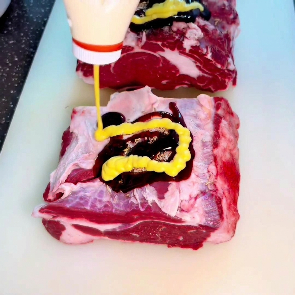 Une bouteille jaune versant de la sauce moutarde au miel en zigzag sur les morceaux de bœuf crus assaisonnés.