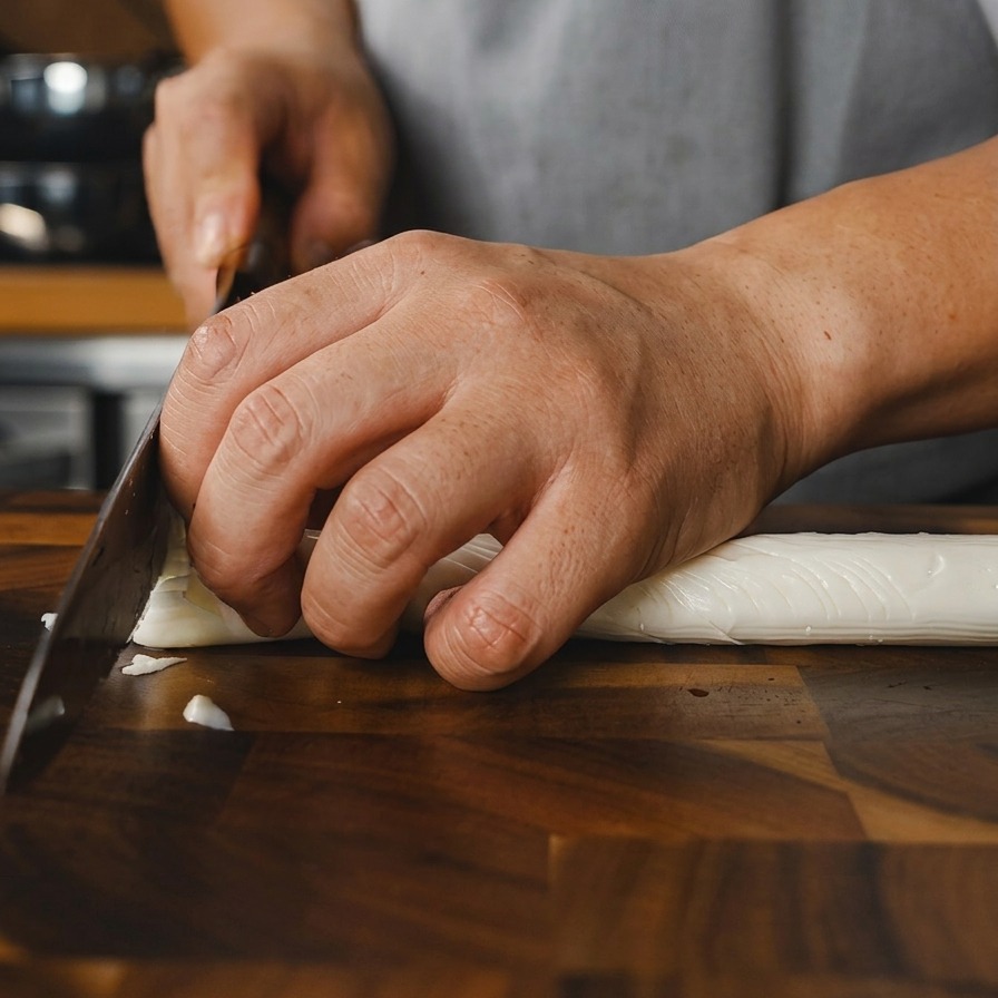 Mains utilisant un couteau de chef pour hacher finement des légumes blancs longs sur une planche à découper en bois.