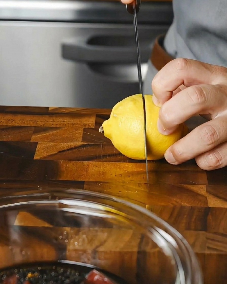 Un citron coupé en deux pressé à la main au-dessus dun bol de thon mariné.