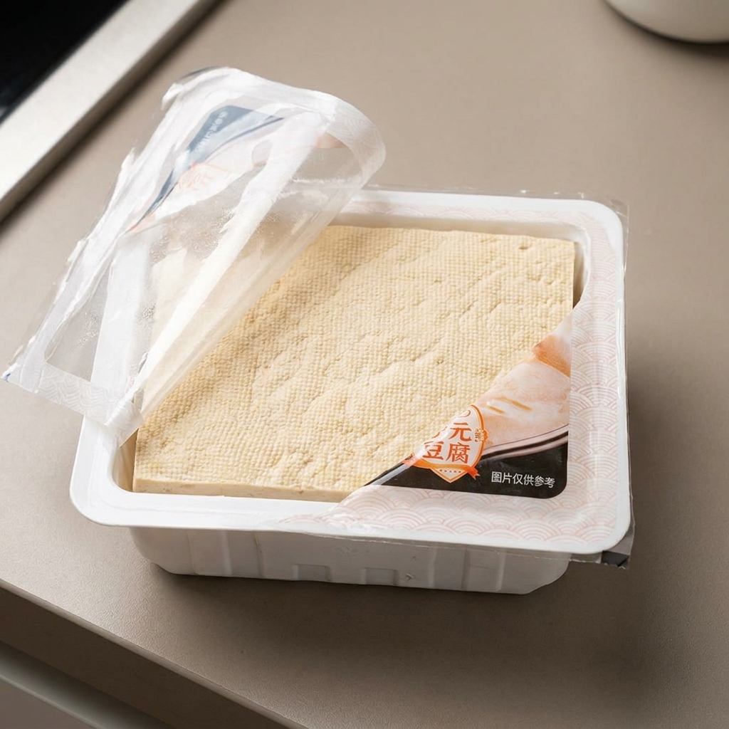 Un bloc de tofu coupé en cubes sur une planche à découper.