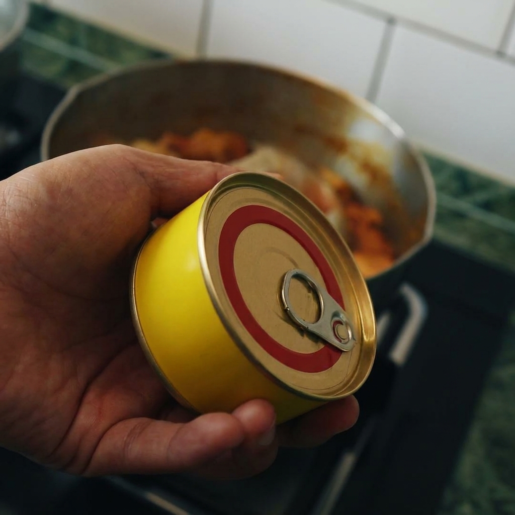 Du thon ajouté depuis une boîte dans une casserole de curry et chou bouillonnant.