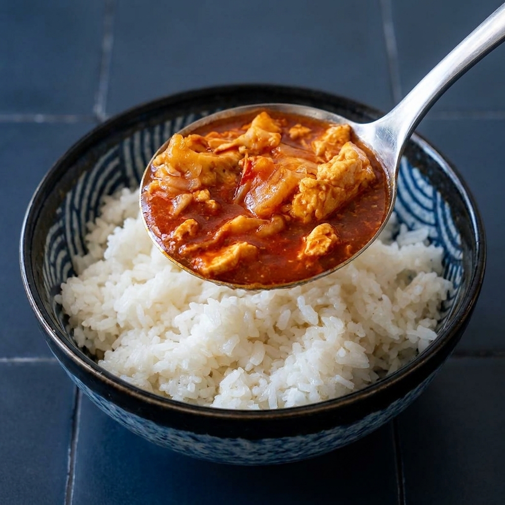 Une louche versant le mélange riche au curry et au thon sur un bol de riz blanc chaud.