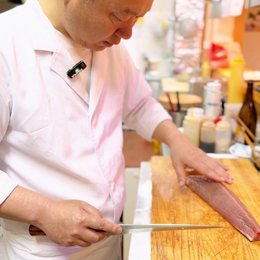 Gros plan sur un couteau à sushi tranchant un bloc de thon rouge frais sur une planche en bois.
