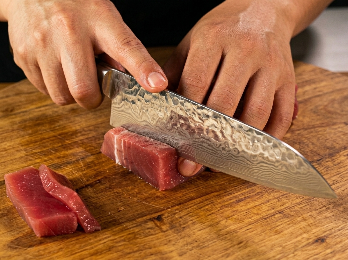 Dépaisses tranches de thon cru coupées avec un couteau de cuisine tranchant sur une planche en bois.