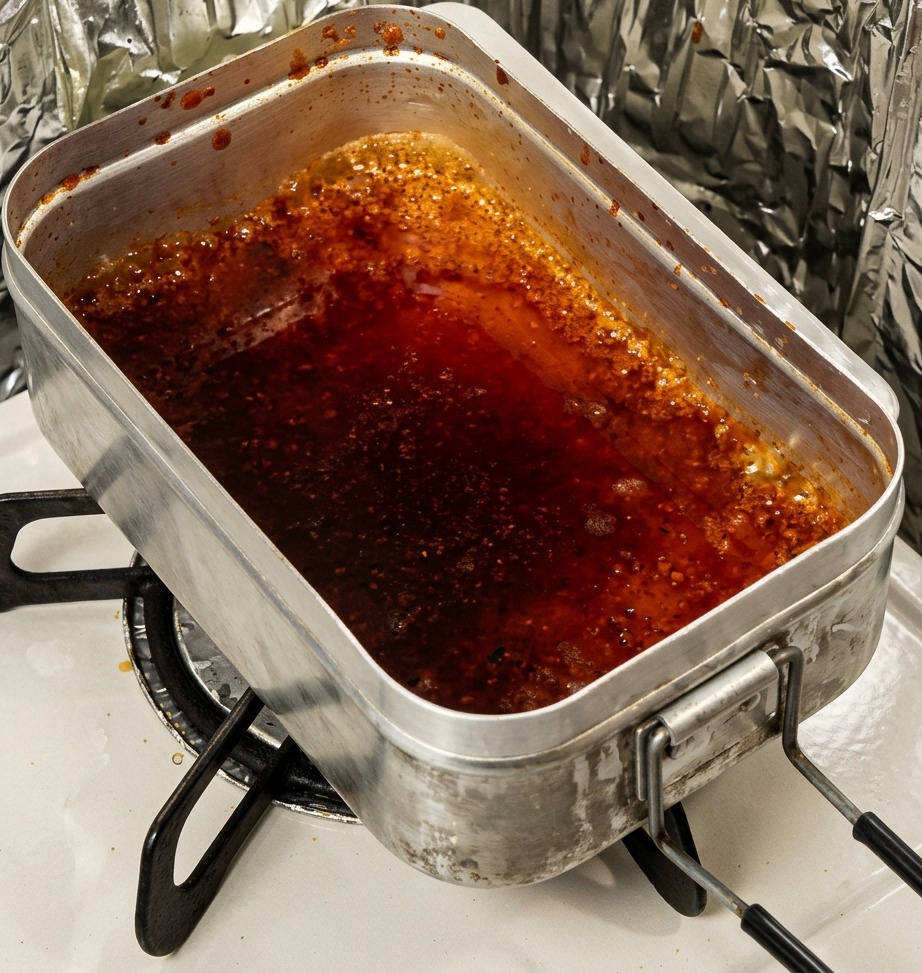 Une marinade sombre et aromatique bouillant dans un plateau métallique sur une flamme de gaz.