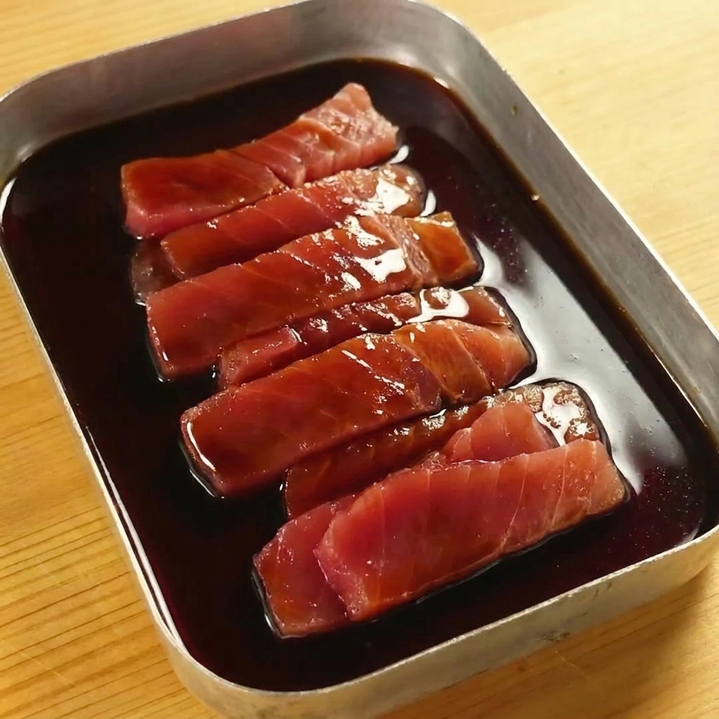 Une marinade sombre versée sur des tranches de thon cru dans un plateau métallique.